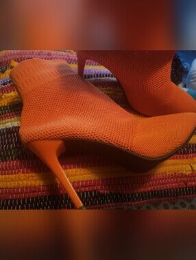 Orange Knit Sock Bootie Heel - Women's Fashion Boot